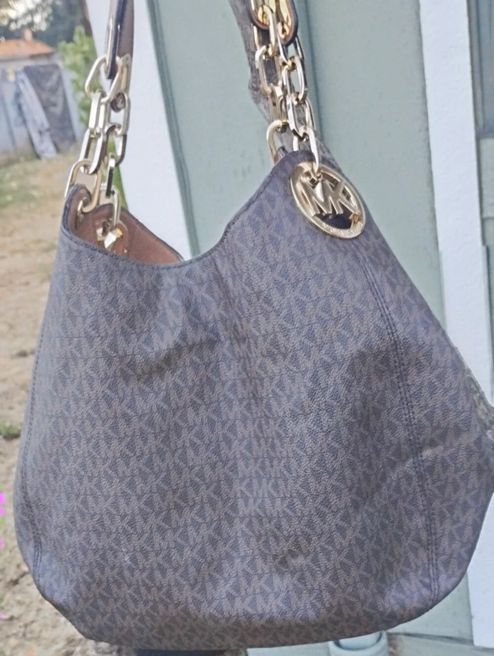 Michael Kors Brown Logo-Print Hobo with Gold Hardware